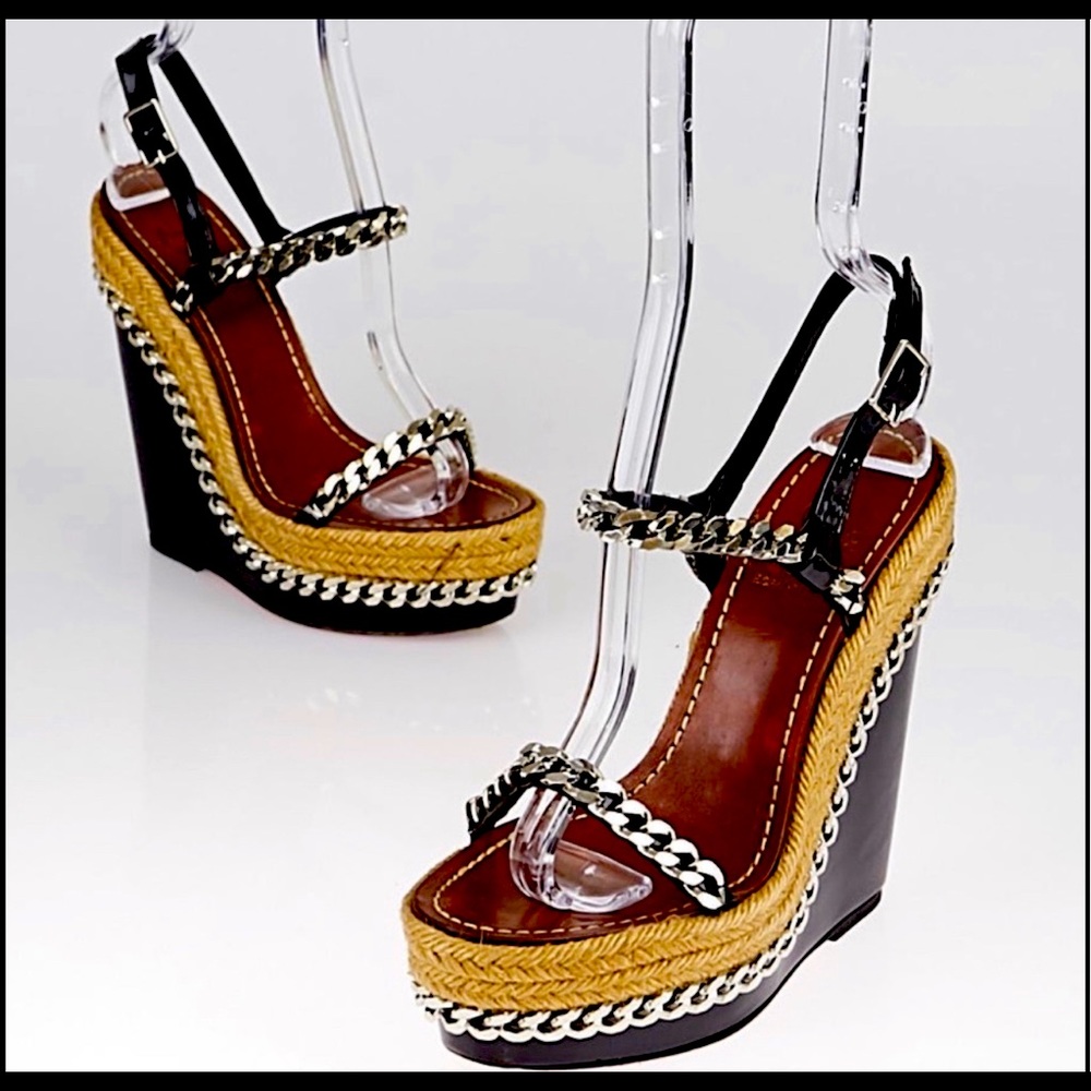 Christian Louboutin Black Patent Leather and Chain Macarena Espadrille Wedges